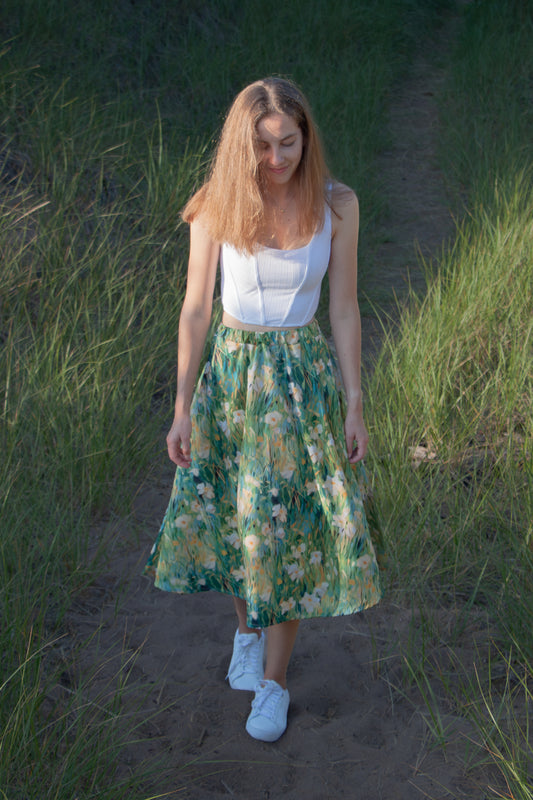 Grassy Meadow Chiffon Midi Skirt