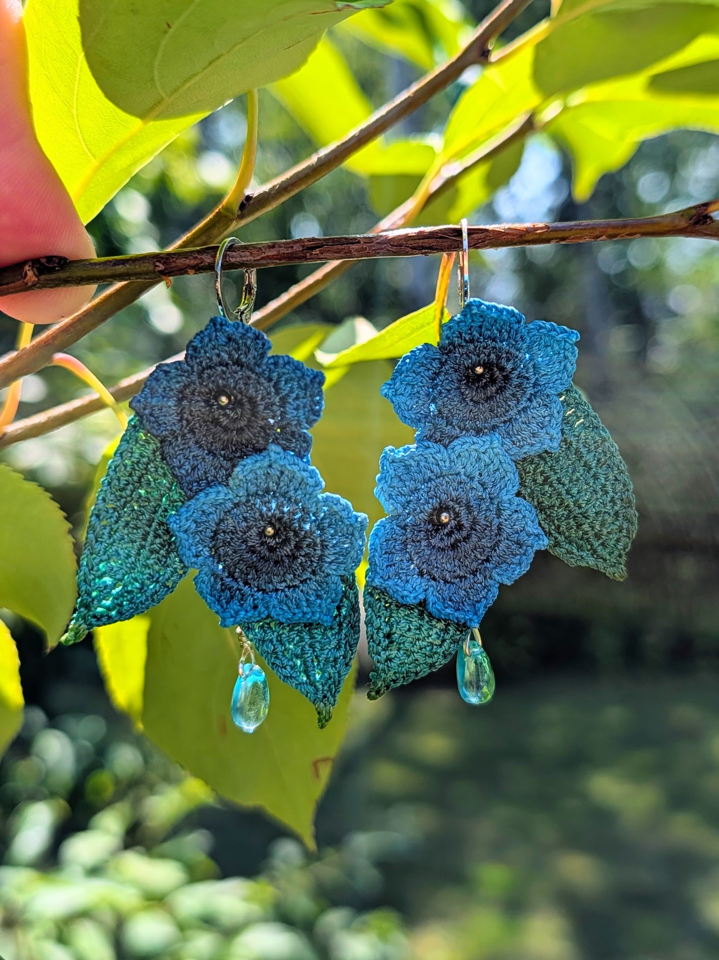 Blue Petunias Micro Crochet Dangle Earrings