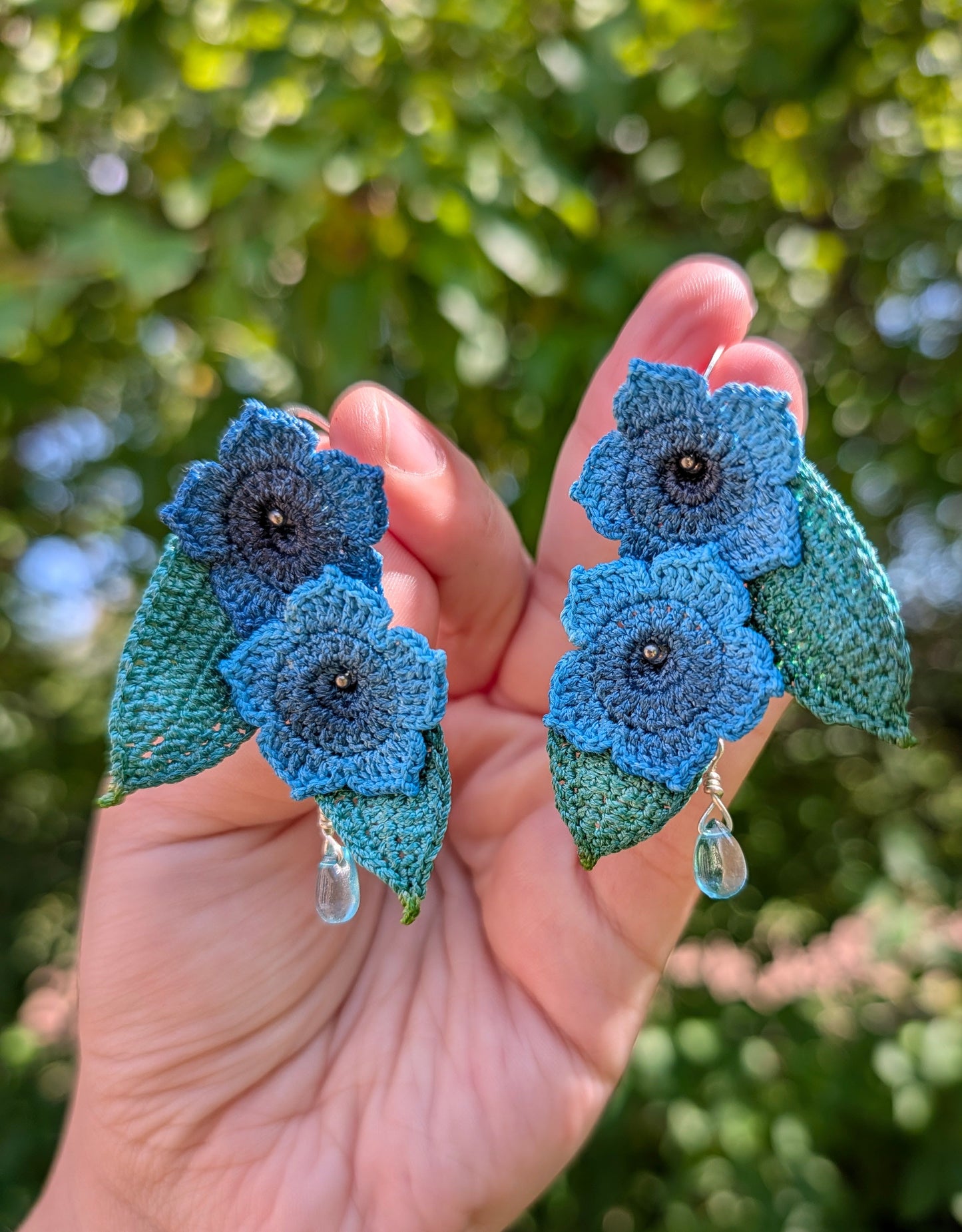 Blue Petunias Micro Crochet Dangle Earrings