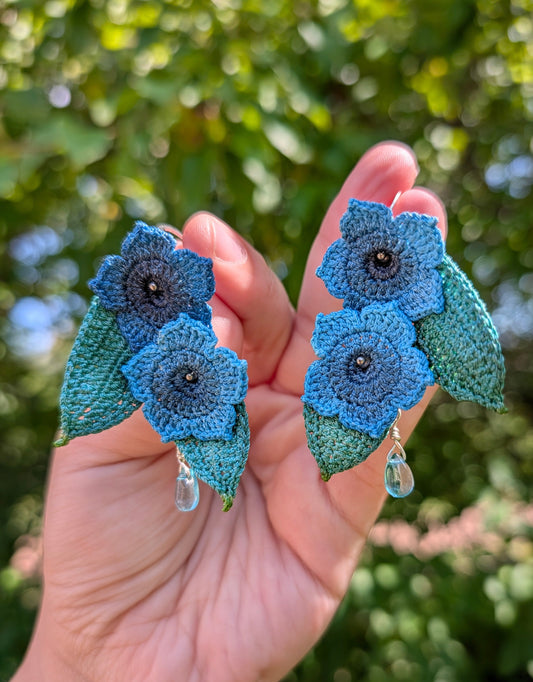 Blue Petunias Micro Crochet Dangle Earrings