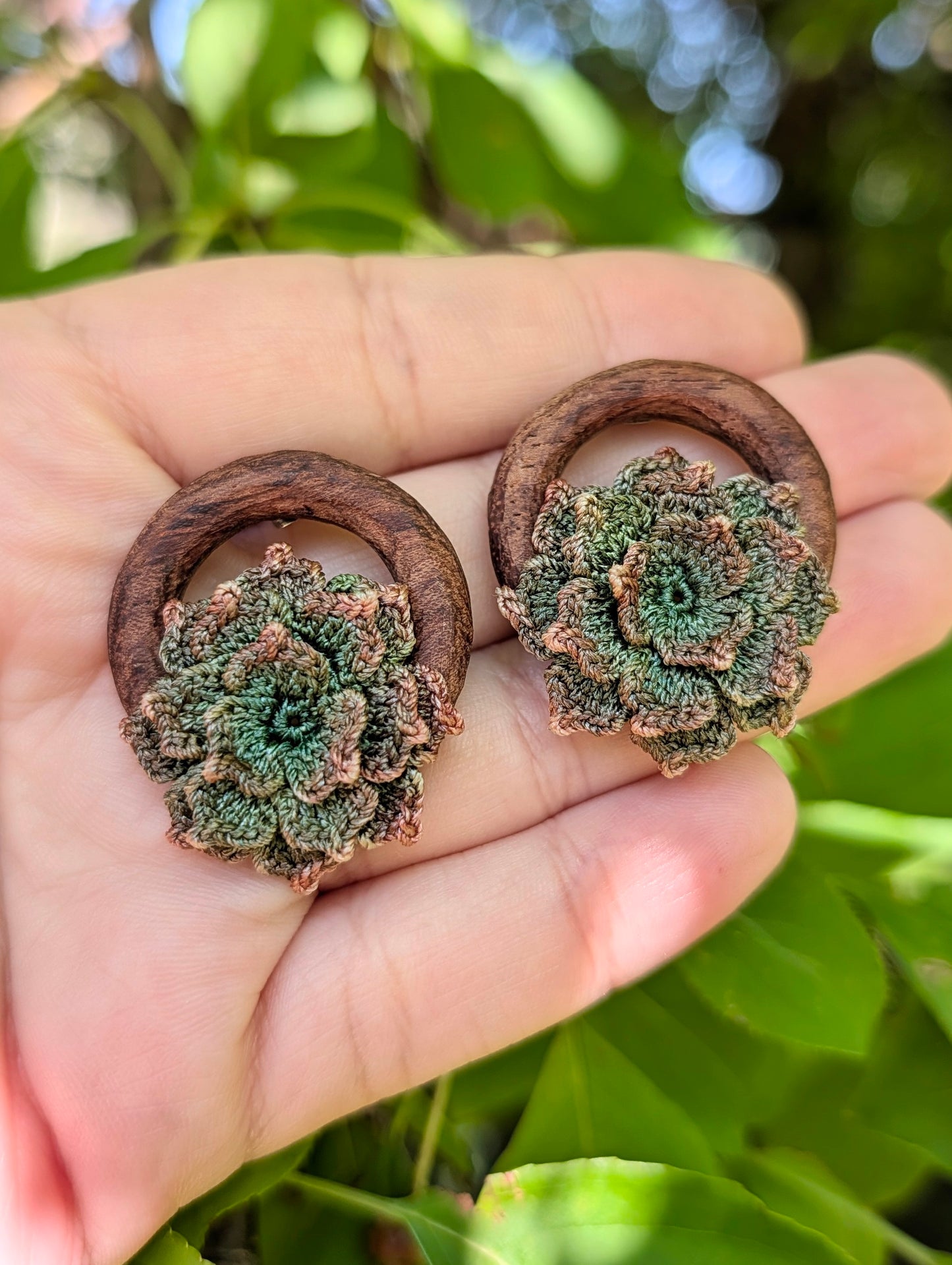 Micro Crochet Succulent Earrings with Wooden Hoops