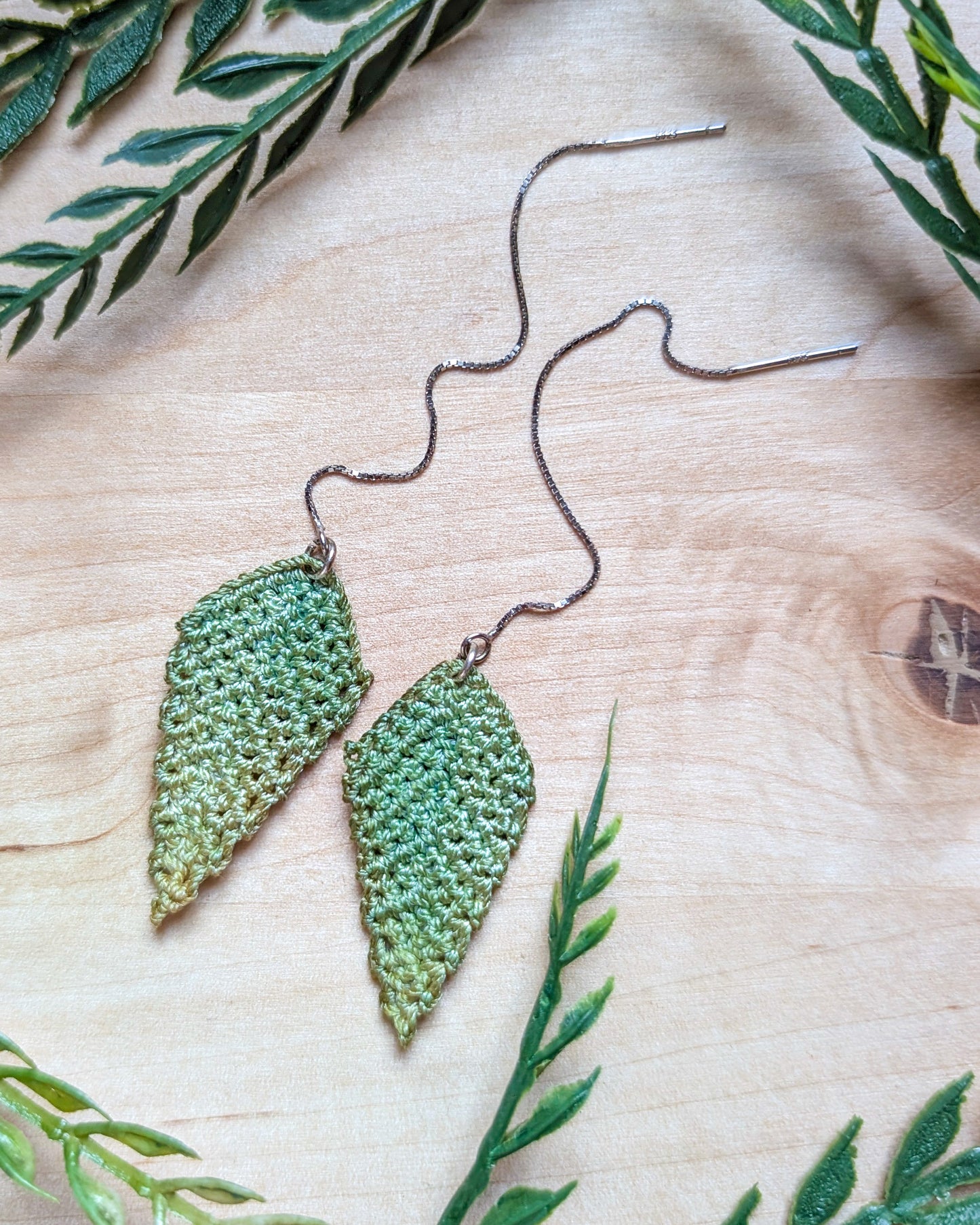 Green Leaf Micro Crochet Ear Threaders