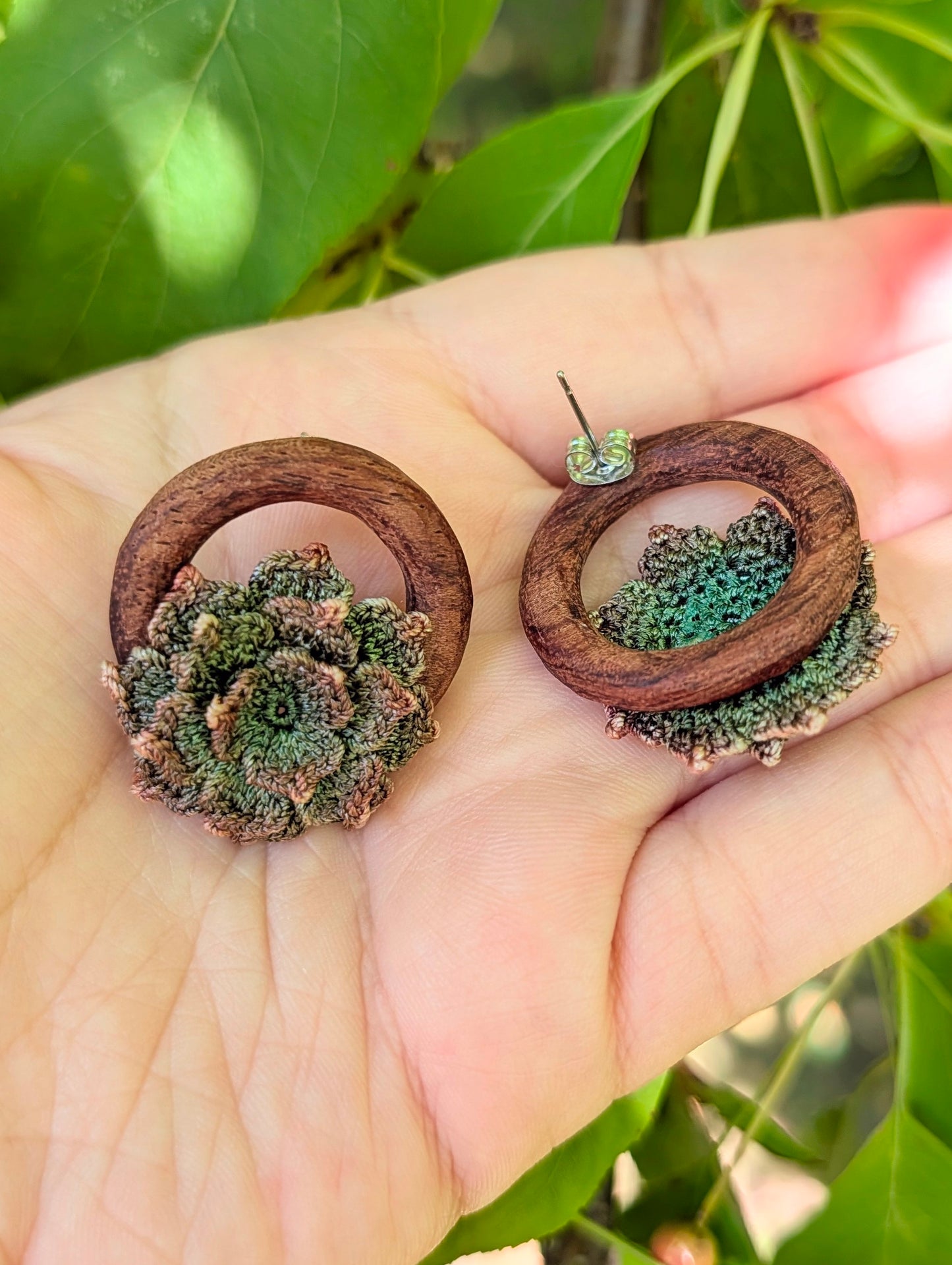 Micro Crochet Succulent Earrings with Wooden Hoops