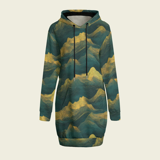 Teal & Gold Topography Long Hoodie Dress